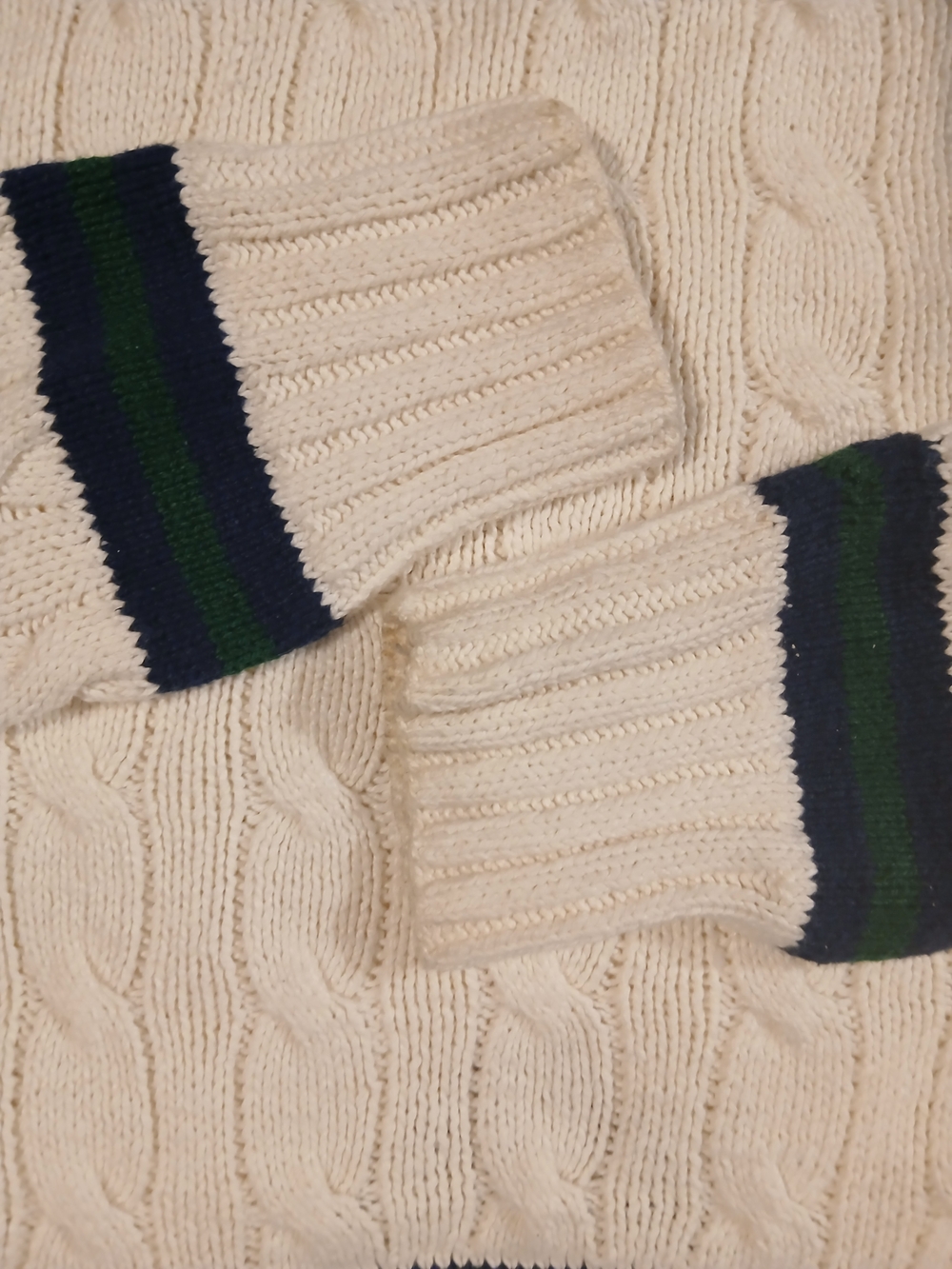 Polo by Ralph Lauren White Cable-Knit V-Neck Sweater with Navy & Green Trim - Picture 6 of 8